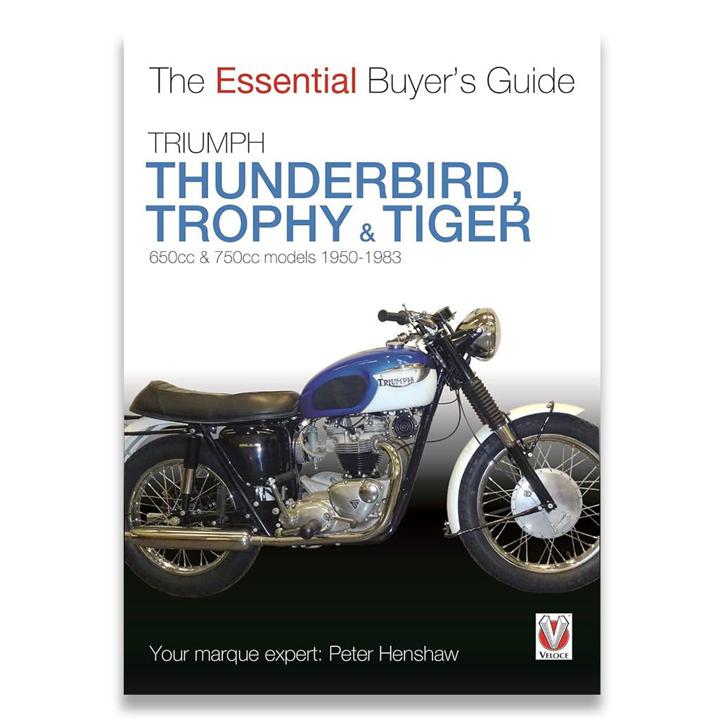 Book cover for 'The Essential Buyer's Guide: Triumph Thunderbird, Trophy & Tiger' featuring a vintage blue, white, and black Triumph motorcycle on a white-to-black gradient background.