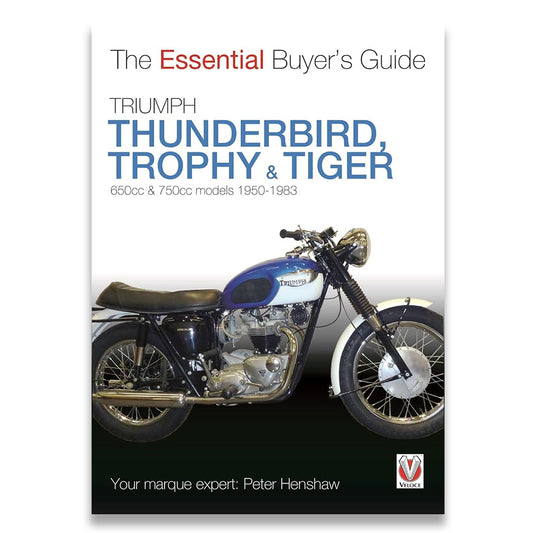 Book cover for 'The Essential Buyer's Guide: Triumph Thunderbird, Trophy & Tiger' featuring a vintage blue, white, and black Triumph motorcycle on a white-to-black gradient background.