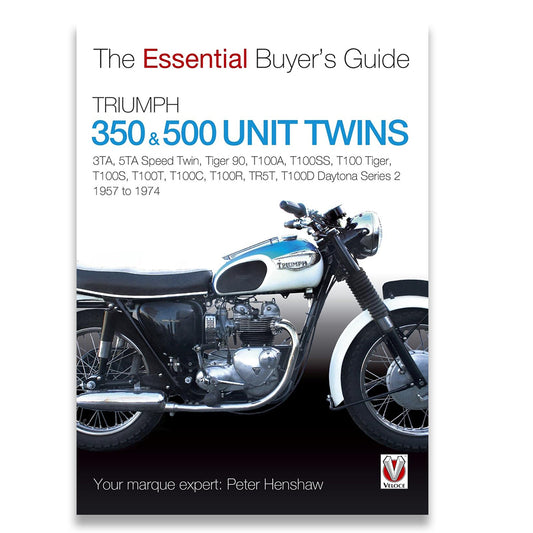 Book cover for 'The Essential Buyer's Guide: Triumph 350 & 500 Unit Twins' featuring a side profile of a vintage Triumph motorcycle on a white-to-black gradient background.