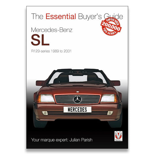 Front cover of a book titled "The Essential Buyer's Guide Mercedes-Benz SL" showing a front view of a brown Mercedes-Benz SL car on a white-to-black gradient background, with a red "200,000" badge and the Mercedes logo.
