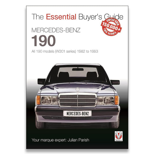 Book cover for 'The Essential Buyer's Guide Mercedes-Benz 190' featuring a front view of a dark metallic Mercedes-Benz sedan on a white-to-gray gradient background, with the Mercedes-Benz logo and a small Vicgo publisher mark at the bottom.
