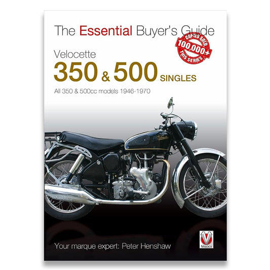 Book cover for 'The Essential Buyer's Guide Velocette 350 & 500 Singles' by Peter Henshaw, featuring a black and chrome vintage motorcycle on a white-to-gray gradient background with a red 'Starts with 100,000+ rides' badge.