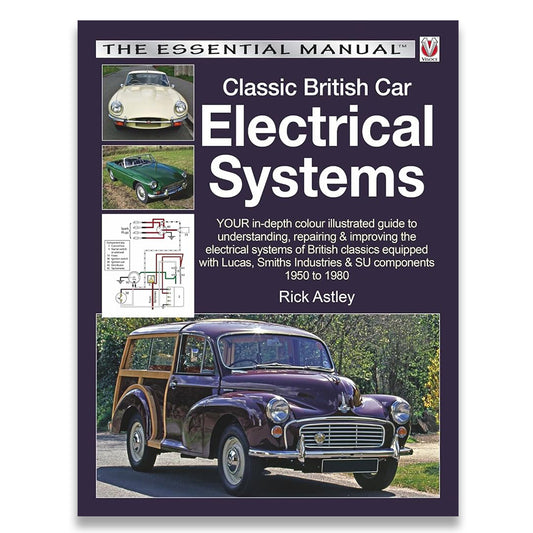 Front cover of the book 'The Essential Manual: Classic British Car Electrical Systems' by Rick Astley, featuring a dark purple background, white title text, small inset car photos, a wiring diagram, and a large photo of a classic car at the bottom.