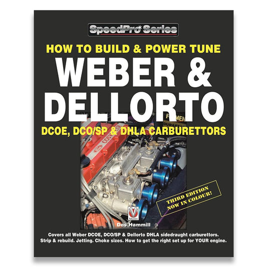 Book cover of 'How to Build & Power Tune Weber & Dellorto Carburettors' with engine image on a black background