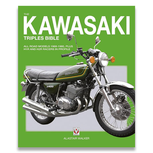 The Kawasaki Triples Bible book cover by Alastair Walker, featuring a vintage Kawasaki motorcycle on a bright green background.