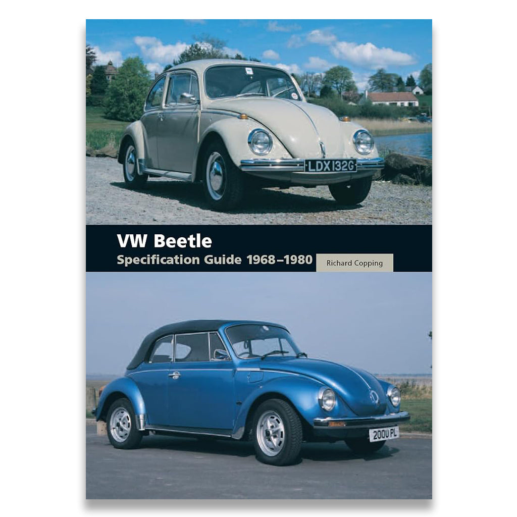 Book cover for 'VW Beetle Specification Guide 1968-1980' by Richard Copping, featuring two vintage Volkswagen Beetles on a black background with white title text.