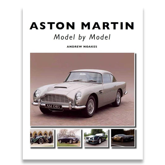 Book cover for 'Aston Martin Model by Model' by Andrew Noakes, featuring a large vintage Aston Martin car on a beige background with four smaller car photos along the bottom.