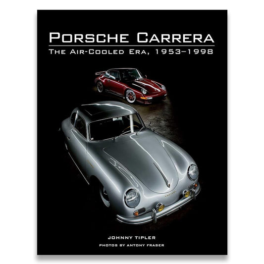 Book cover for 'Porsche Carrera: The Air-Cooled Era, 1953-1998' by Johnny Tipler, featuring a silver Porsche 356 in the foreground and a red Porsche 911 in the background on a black backdrop.