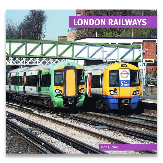 Two trains on tracks with a bridge and trees in the background, featuring 'London Railways' branding.