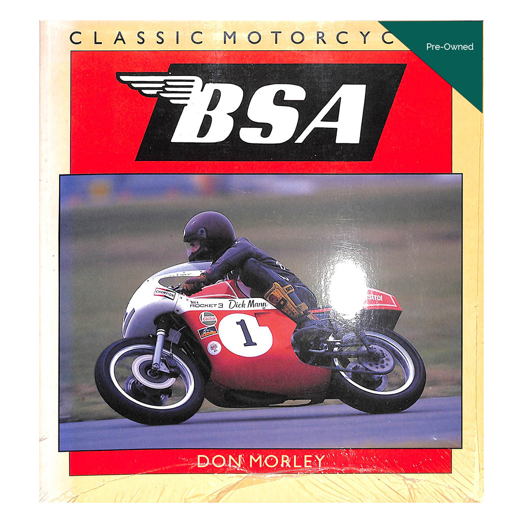 Book cover of 'Classic Motorcycles BSA' featuring a motorcycle racer on a track.