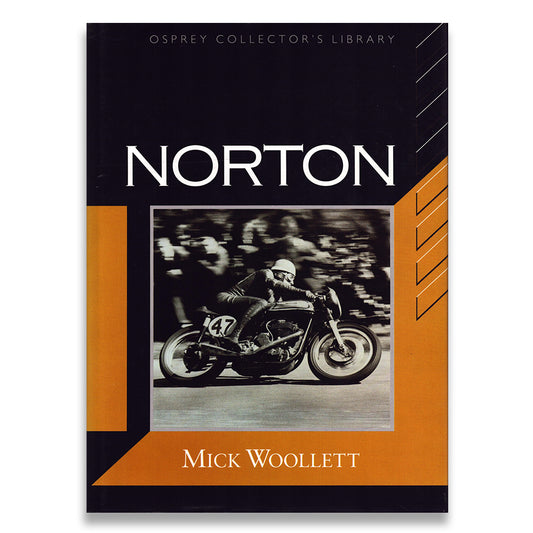 Book cover of 'Norton' by Mick Woollett featuring a motorcycle and rider on a black and orange background.