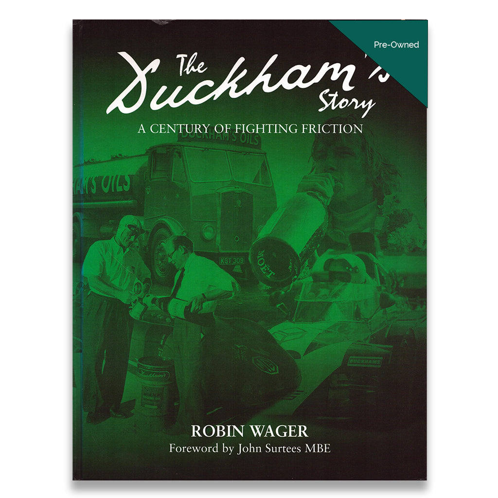 Book cover of 'The Duckham Story' with a green tinted photograph of people around a vehicle.