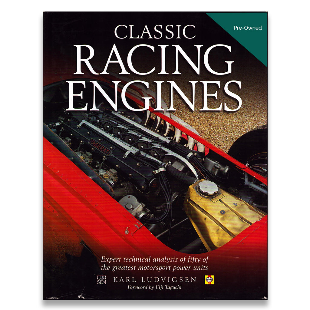Book cover of 'Classic Racing Engines' with a racing engine on a white background
