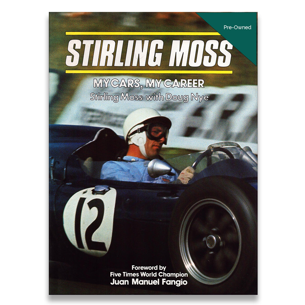 Book cover of 'My Cars, My Career' by Stirling Moss with a racing car and driver on the cover.