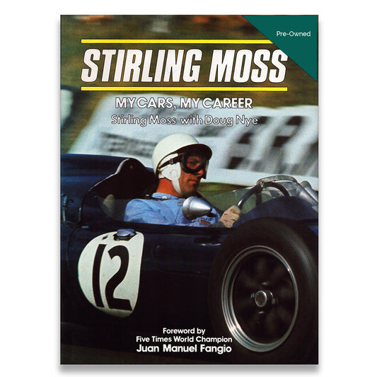 Book cover of 'My Cars, My Career' by Stirling Moss with a racing car and driver on the cover.