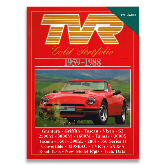 Book cover of 'TVR Gold Portfolio 1959-1988' with a red TVR car on a white background