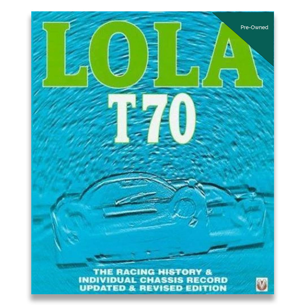 Book cover of 'LOLA T70' with a racing car illustration on a blue background