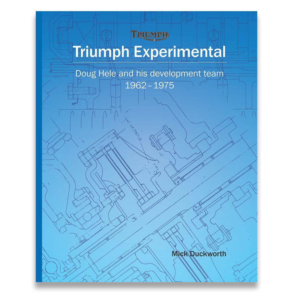 Book cover of 'Triumph Experimental' with blue technical drawings and text.