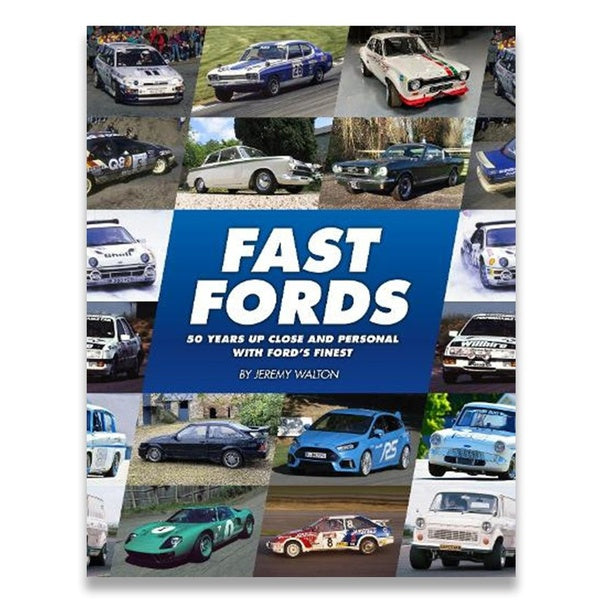 Collage of various Ford cars with a book titled 'Fast Fords' in the center.