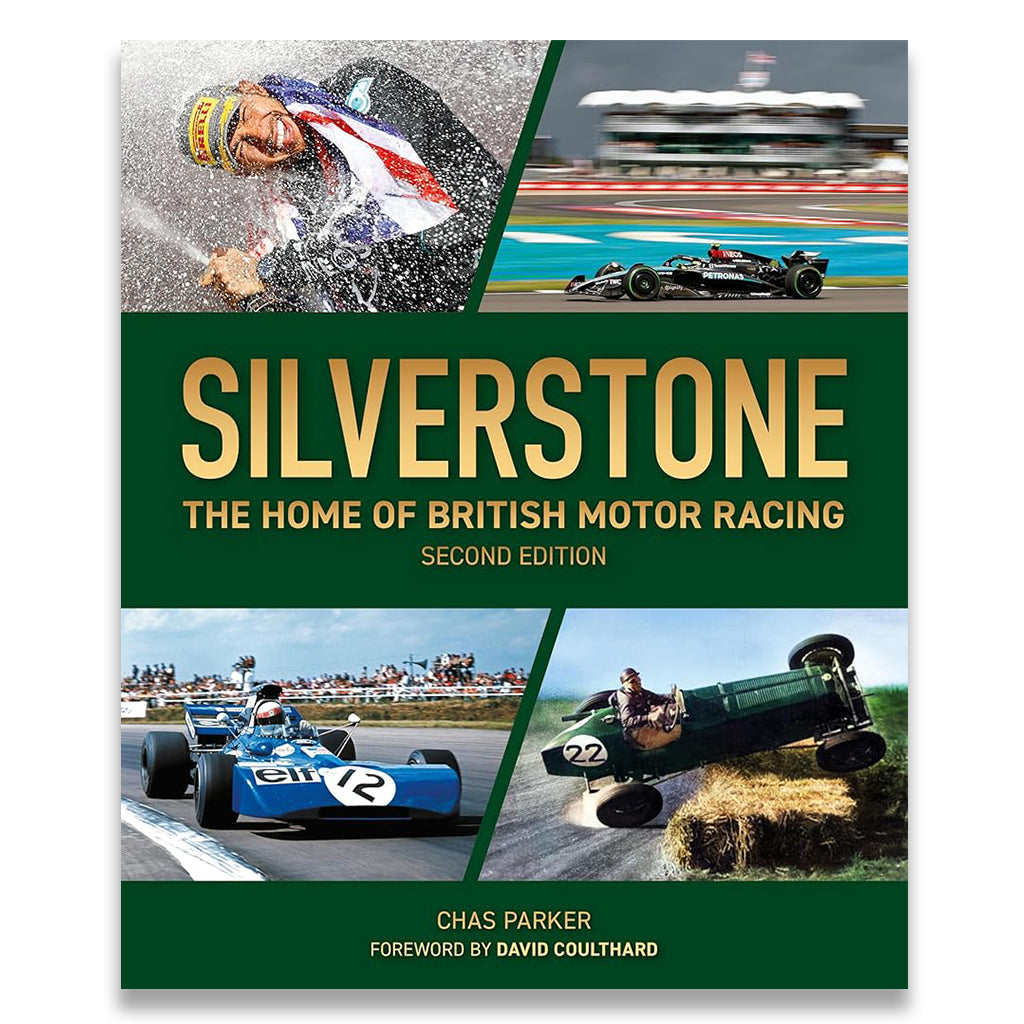 Book cover of 'Silverstone: The Home of British Motor Racing' with racing images and text.
