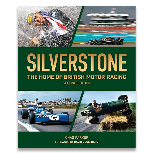 Book cover of 'Silverstone: The Home of British Motor Racing' with racing images and text.