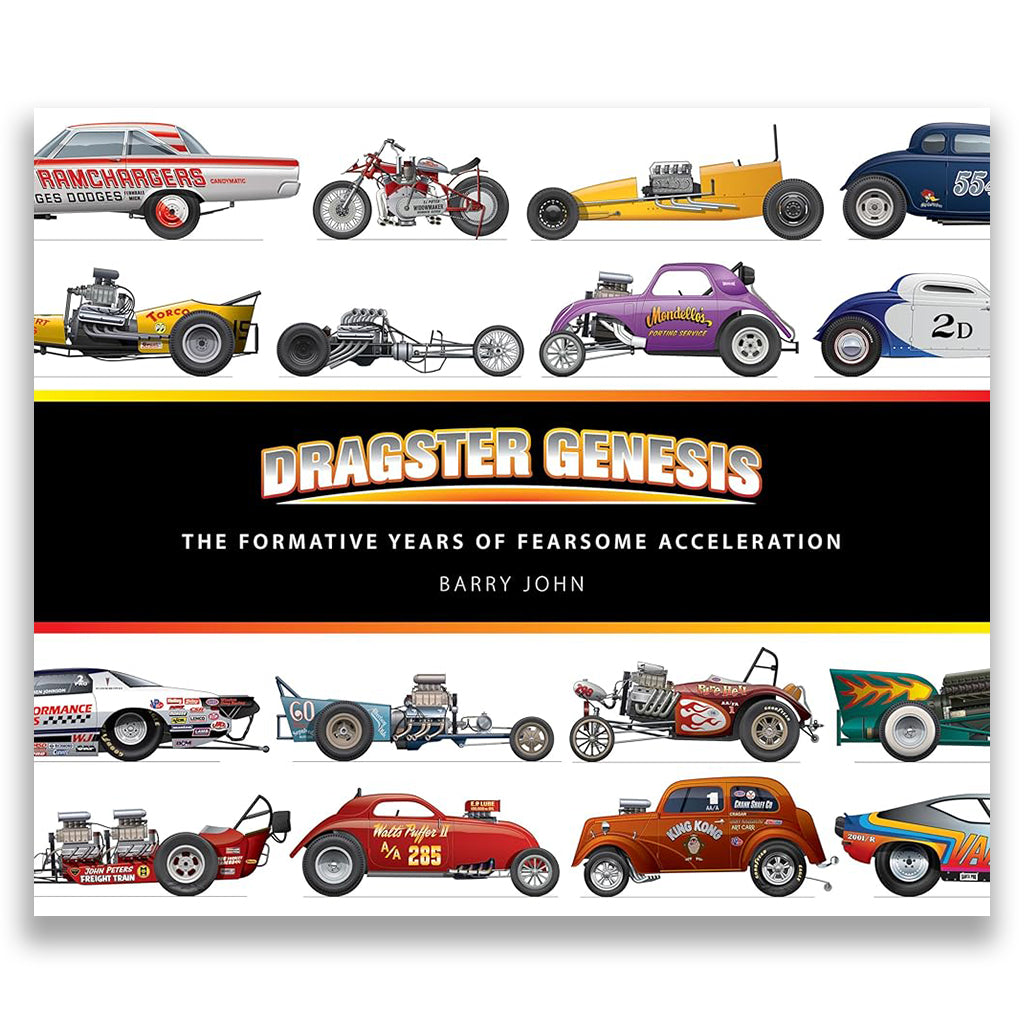 Book cover of 'Dragster Genesis' with illustrations of drag racing cars.