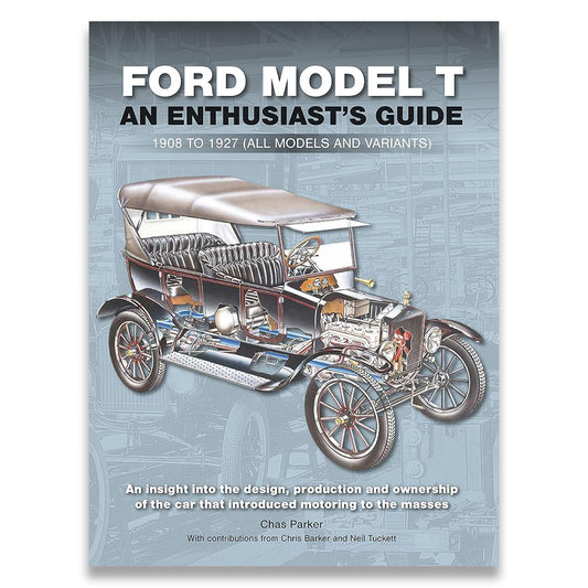 Book cover for 'Ford Model T: An Enthusiast's Guide' featuring a detailed cutaway illustration of a vintage Ford Model T car on a gray blueprint-style background.