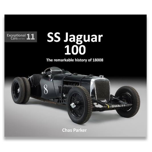 Book cover for 'SS Jaguar 100: The remarkable history of 18008' by Chas Parker, featuring a black vintage racing car on a black and gray gradient background with white text.