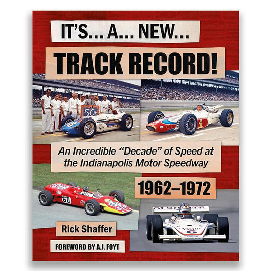 Book cover of 'Track Record!' featuring vintage race cars and text about Indianapolis Motor Speedway.