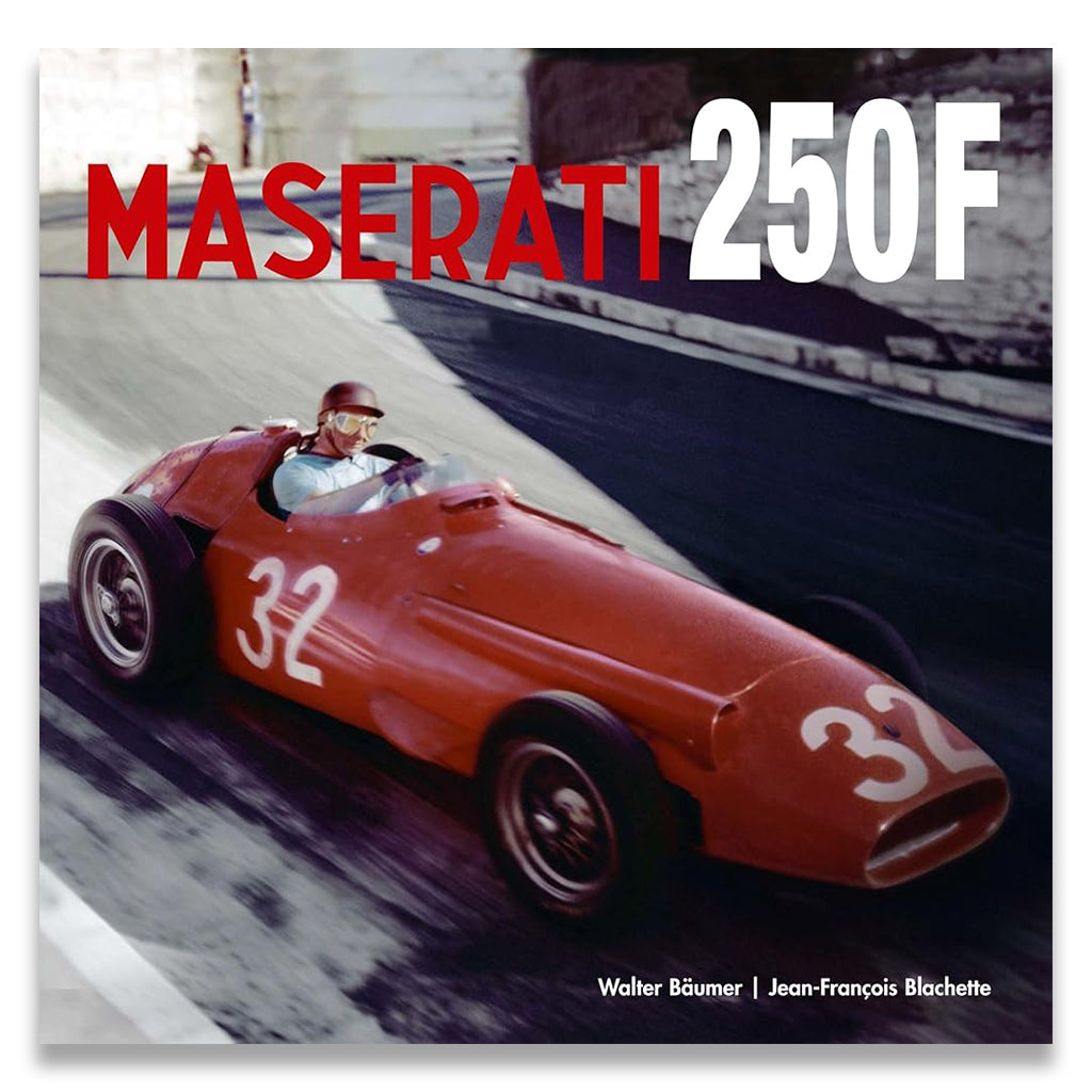 Book cover of 'Maserati 250F' with a red racing car on a track