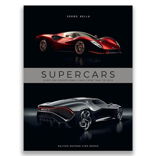 Book cover of 'Supercars' featuring images of a red and a silver sports car on a black background.