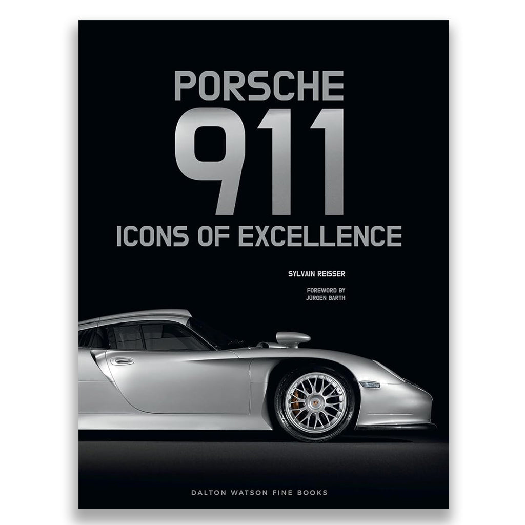 Book cover of 'Porsche 911 Icons of Excellence' with a silver Porsche 911 on a black background.