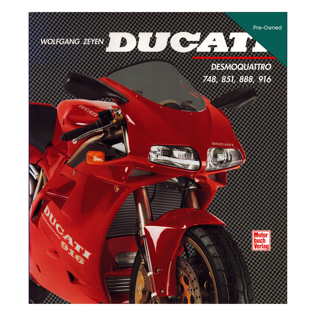 Book cover of 'Ducati Desmoquattro' with a red Ducati motorcycle on a black and white checkered background.