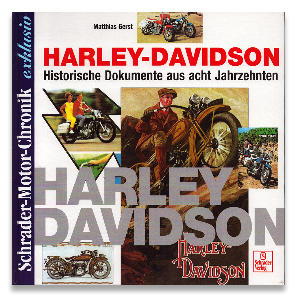 Book cover of 'Harley-Davidson' with historical document images and branding.