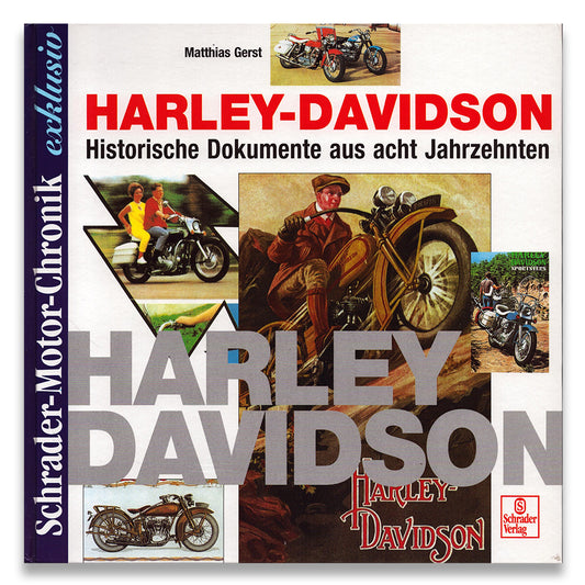 Book cover of 'Harley-Davidson' with historical document images and branding.