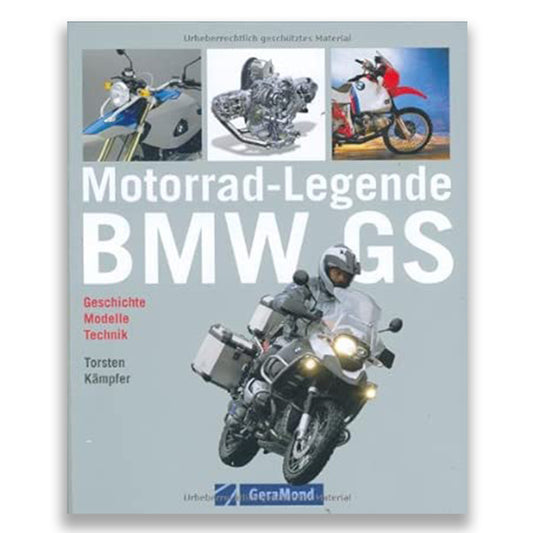 Book cover of 'Motorrad-Legende BMW GS' with images of motorcycles and text.