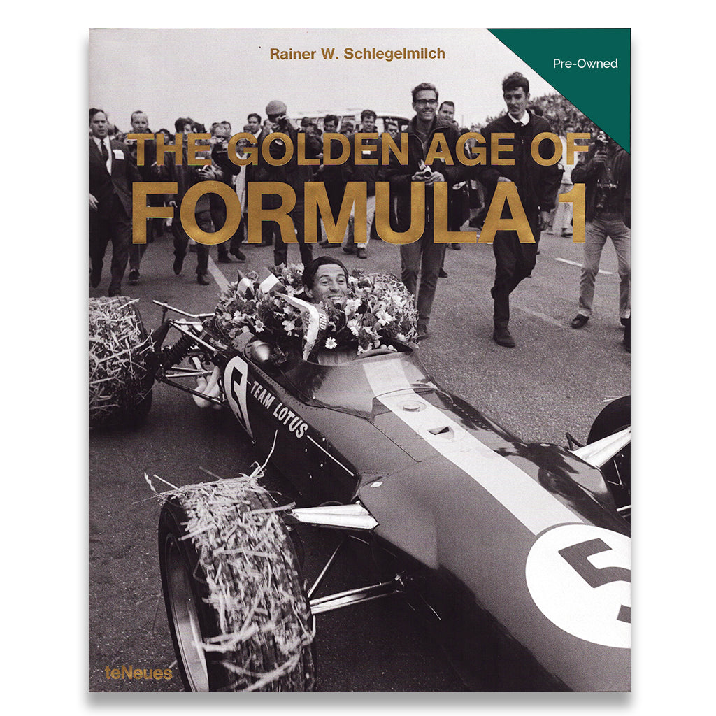 Book cover of 'The Golden Age of Formula 1' with a vintage racing car and people in the background.