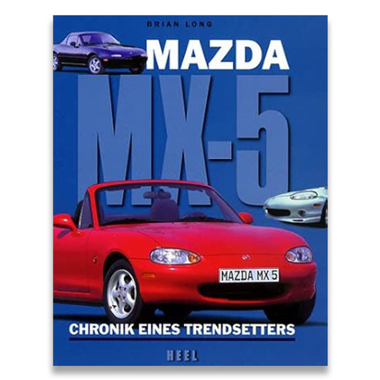 Book cover of 'Mazda MX-5' with images of cars on a blue background