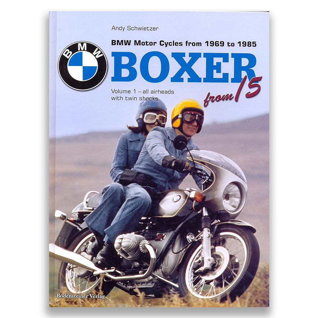 Book cover of 'BMW Motorcycles from 1969 to 1985 Boxer' with a motorcycle and two people on it.