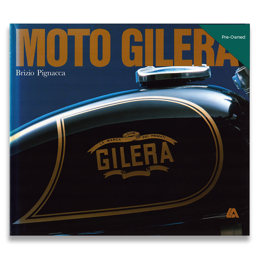 Book cover of 'Moto Gilera' with a close-up of a Gilera motorcycle on a blue background.