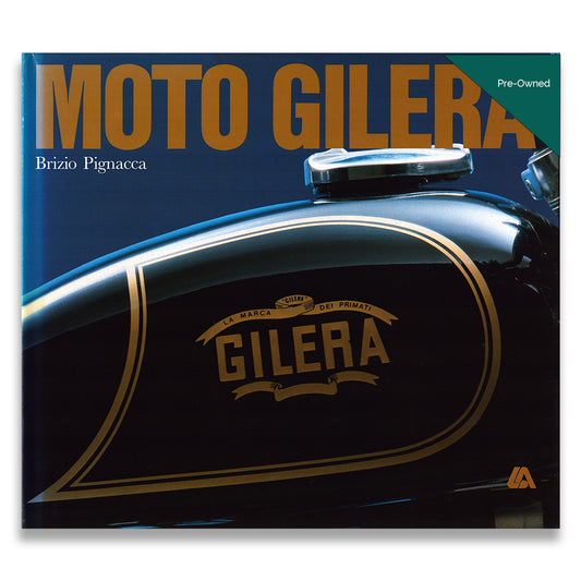 Book cover of 'Moto Gilera' with a close-up of a Gilera motorcycle on a blue background.