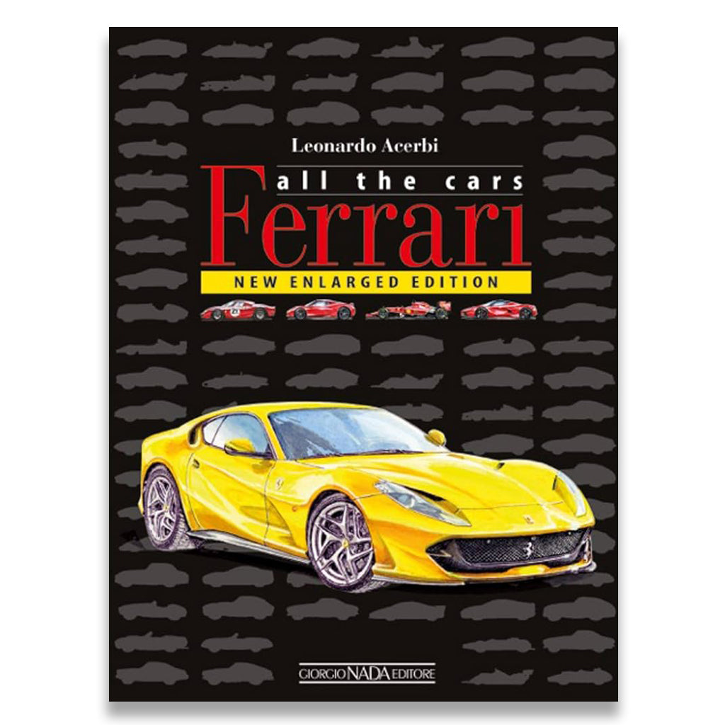 Book cover of 'Ferrari' with a yellow Ferrari car illustration on a black background
