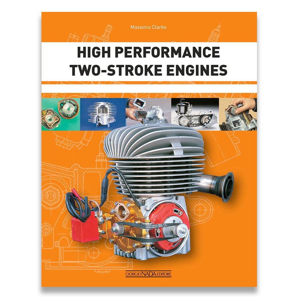 Book cover of 'High Performance Two-Stroke Engines' with an engine illustration on an orange background