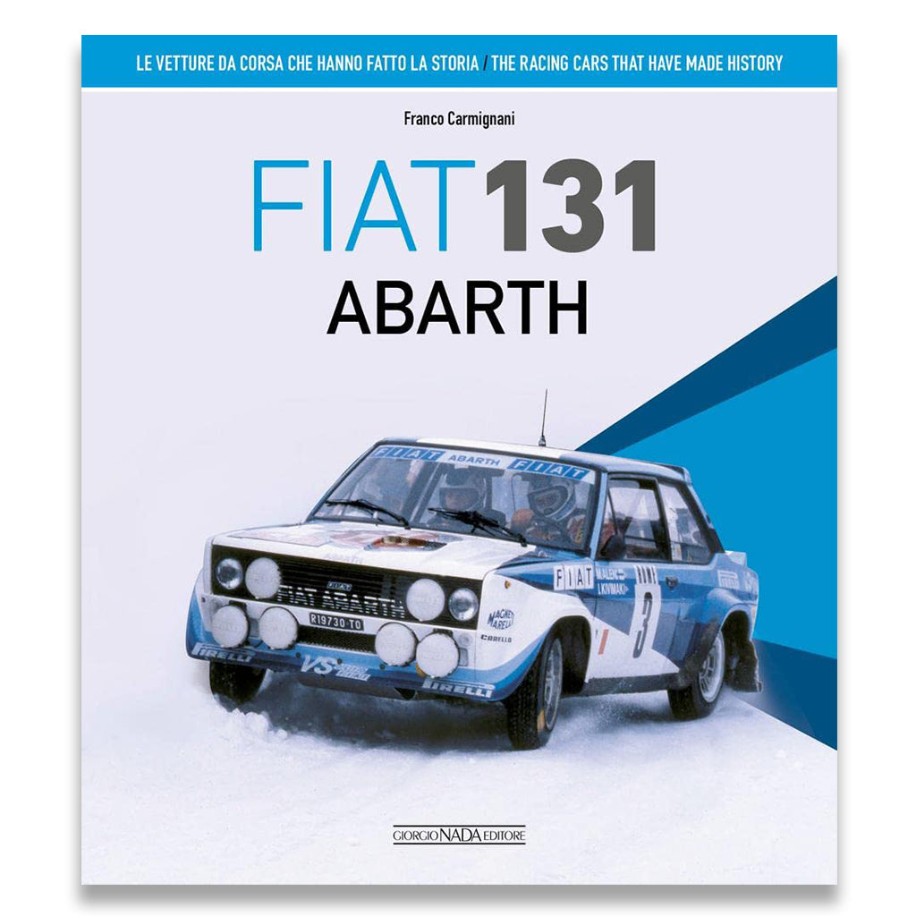 Book cover of 'FIAT 131 Abarth' with a vintage racing car on a blue and white background.