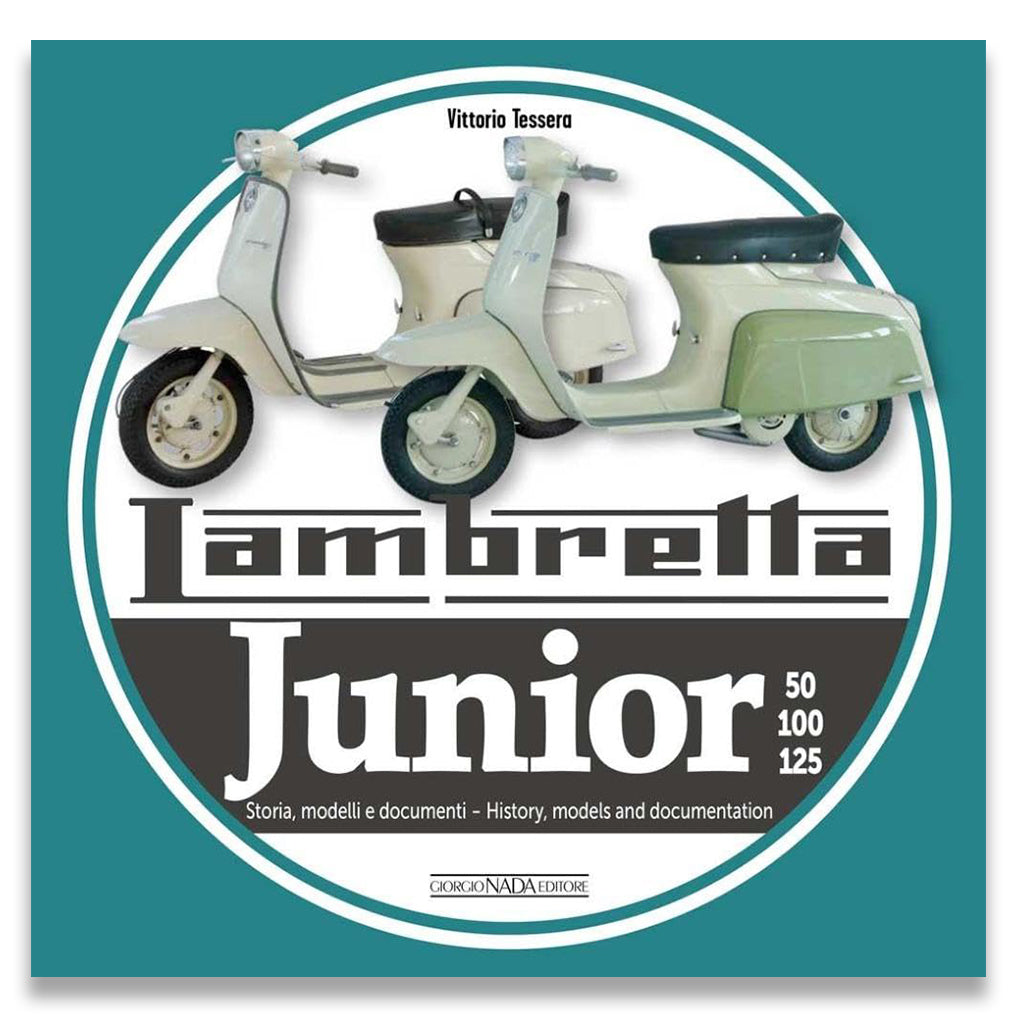 Book cover of 'Lambretta Junior' with two scooters on a teal background