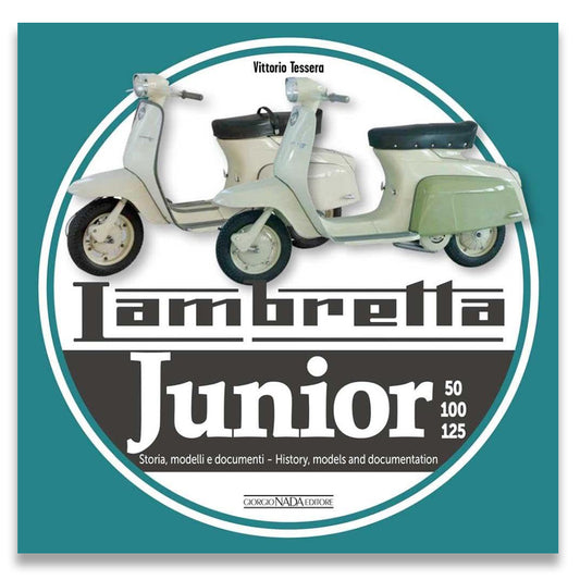 Book cover of 'Lambretta Junior' with two scooters on a teal background