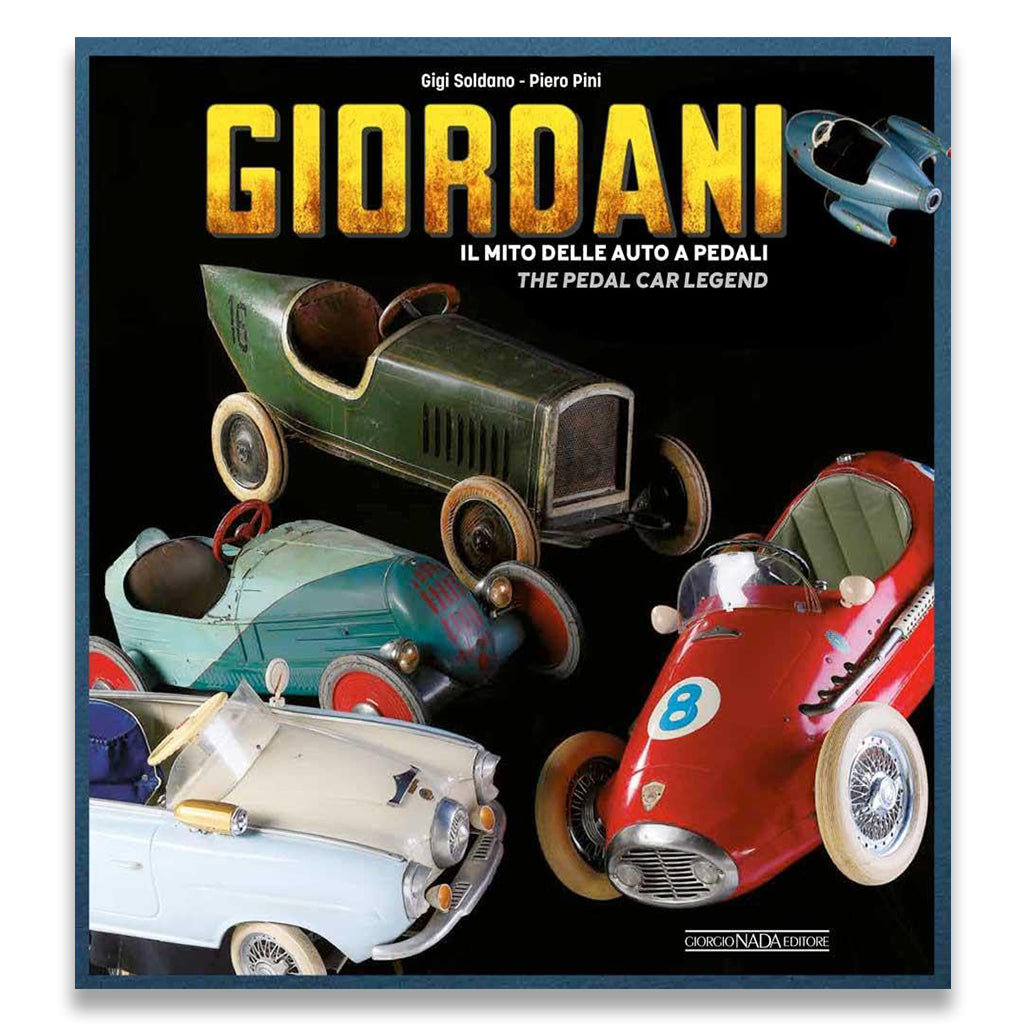 Book cover featuring vintage pedal cars with 'Giordani' branding and text about pedal car legend.