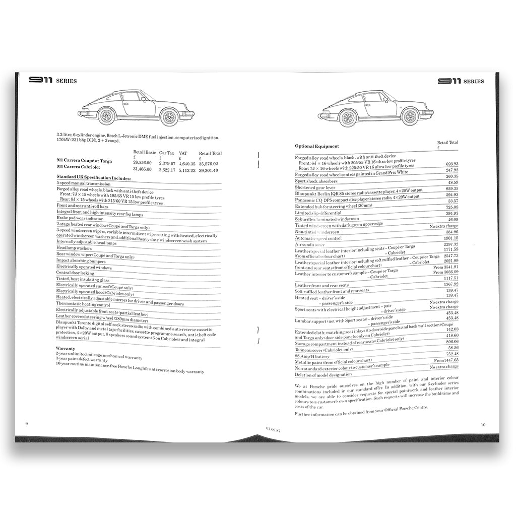 Porsche UK Price and Options List, September 1987, 911 Carrera and Turbo, 928, 924
