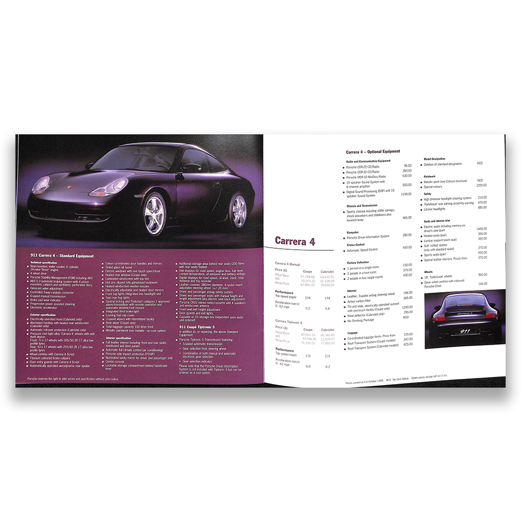 Porsche Range NEC Car Sales Brochure 1998