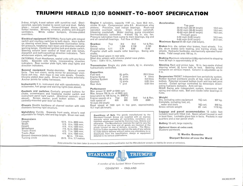 Triumph Herald 12/50 Car Sales Brochure #356/963/50 1964 image 7